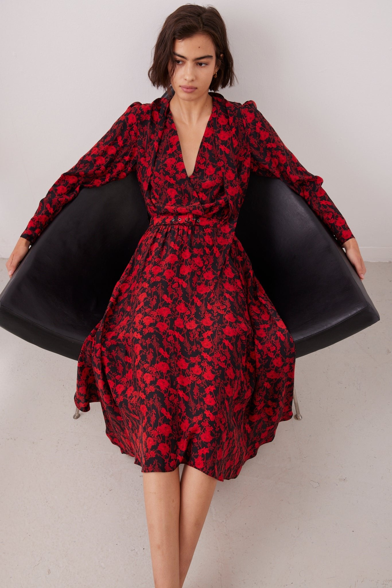 Gabriela Dress - www.lyiastudio.com  100% Pure Silk Satin. Red and Black,  Flower Print,  Tea Dress, Mid Length , Same print, Belt included V neck