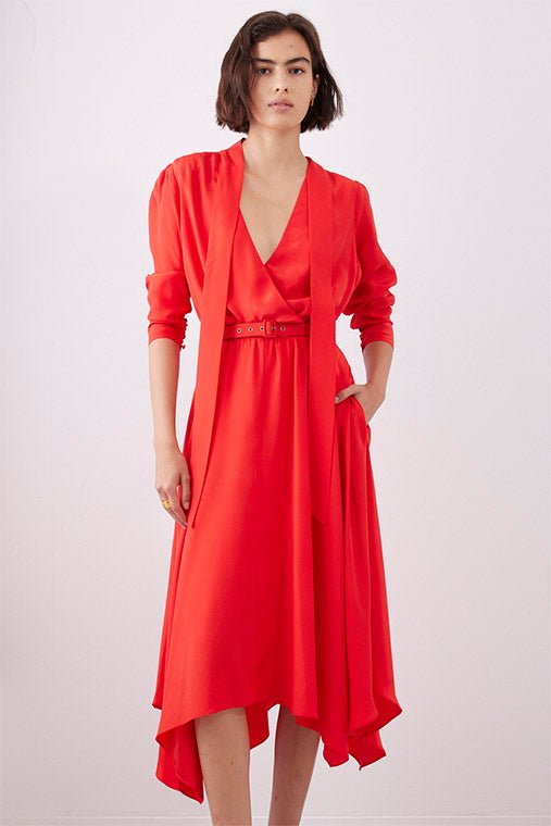Gabriela Dress - www.lyiastudio.com  100% Pure Silk Satin. Fiery Red,  Tea Dress, Mid Length , Belt included , V neck