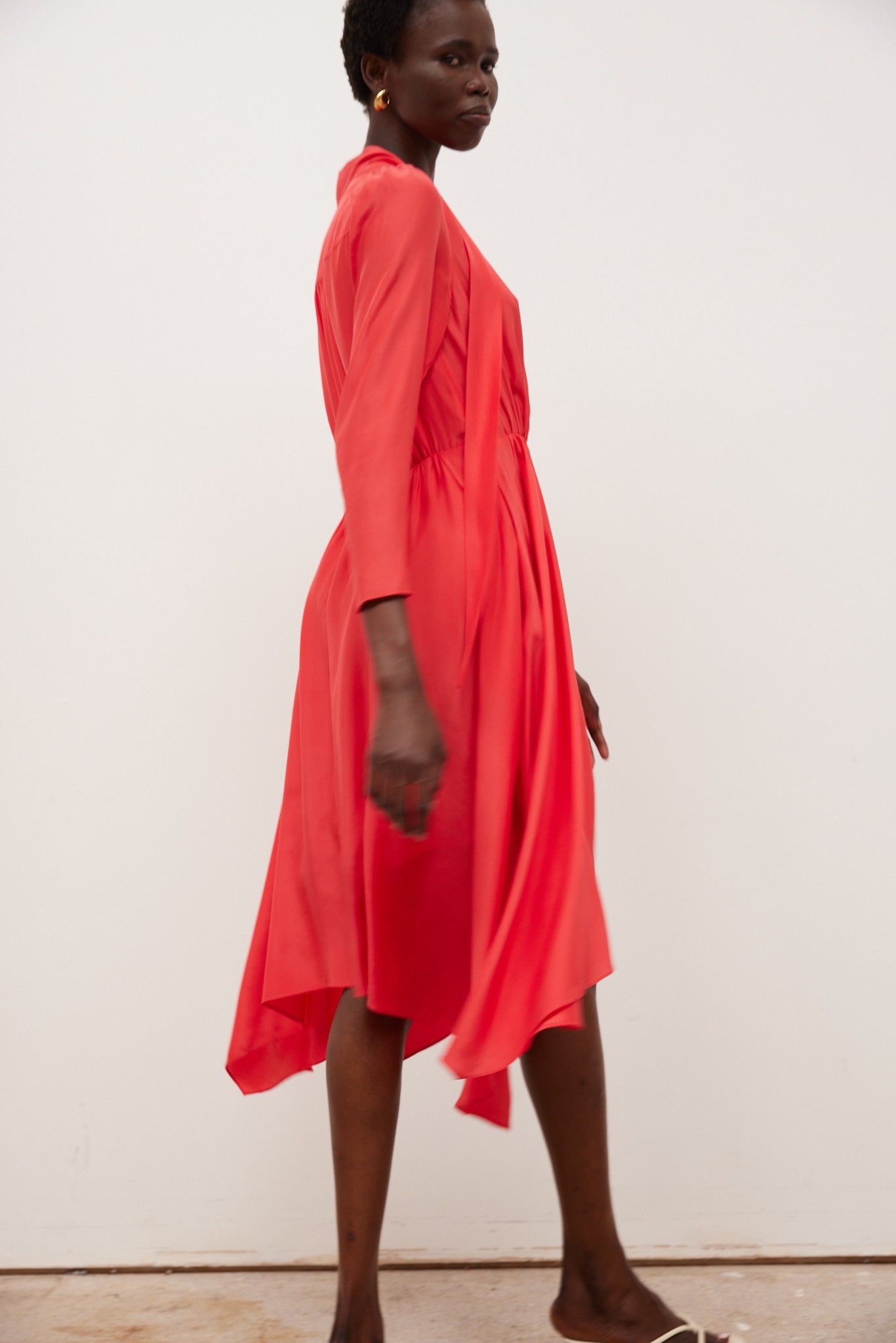 Gabriela Dress - www.lyiastudio.com  100% Pure Silk Satin. Fiery Red,  Tea Dress, Mid Length , Belt included , V neck